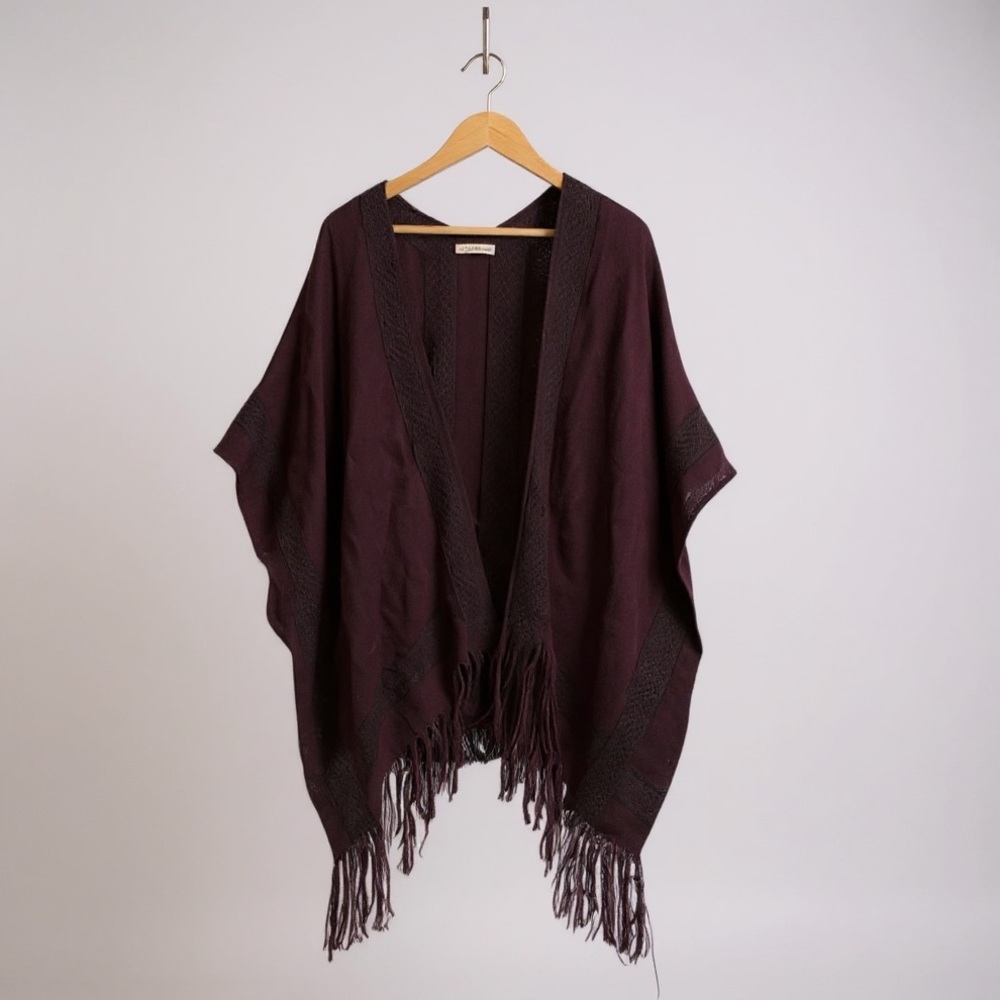 Ulla Johnson Open Front Fringe Burgundy Poncho 100% Baby Alpaca